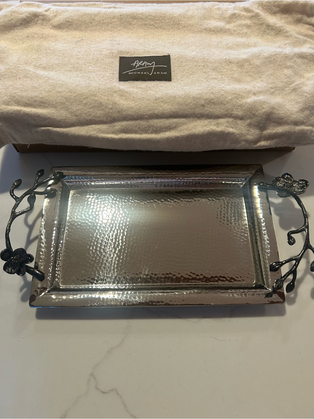 Michael Aram Silver Hammered Rectangular Serving Tray with Floral Handles